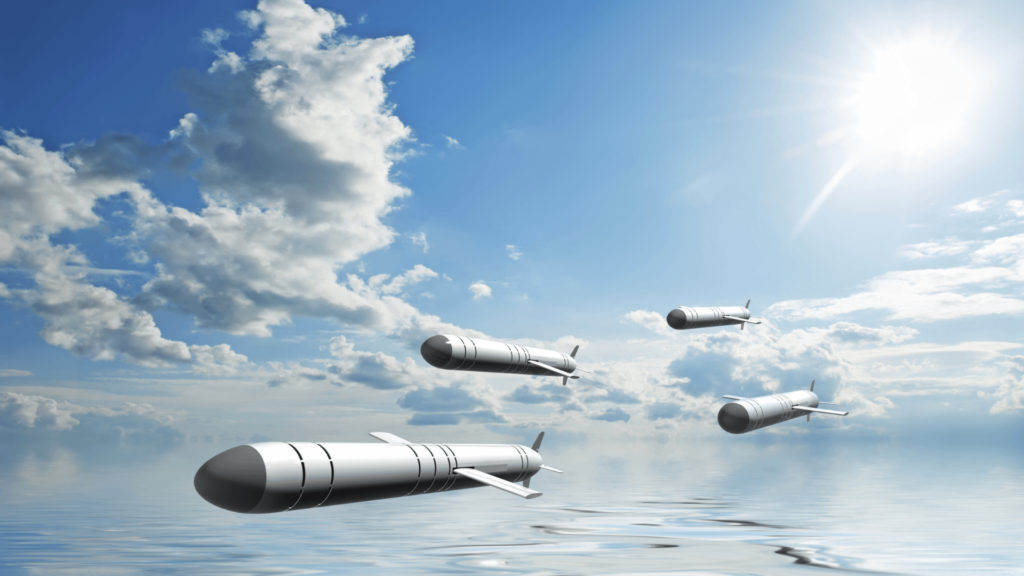 Illustration of missiles flying above water